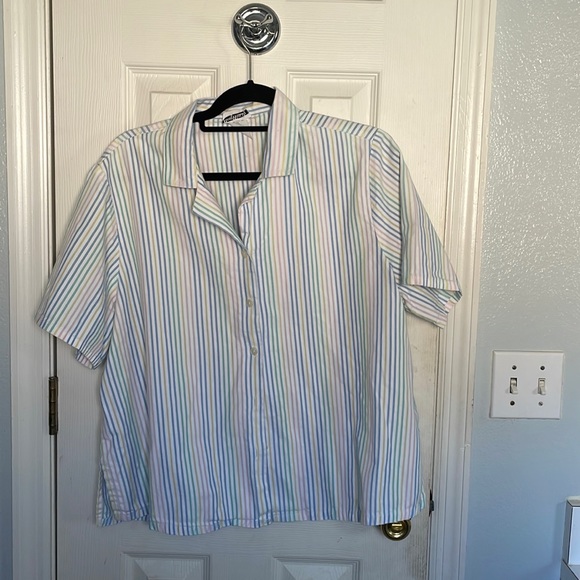 white, blue, pink, yellow, green, striped blouse - Picture 1 of 1